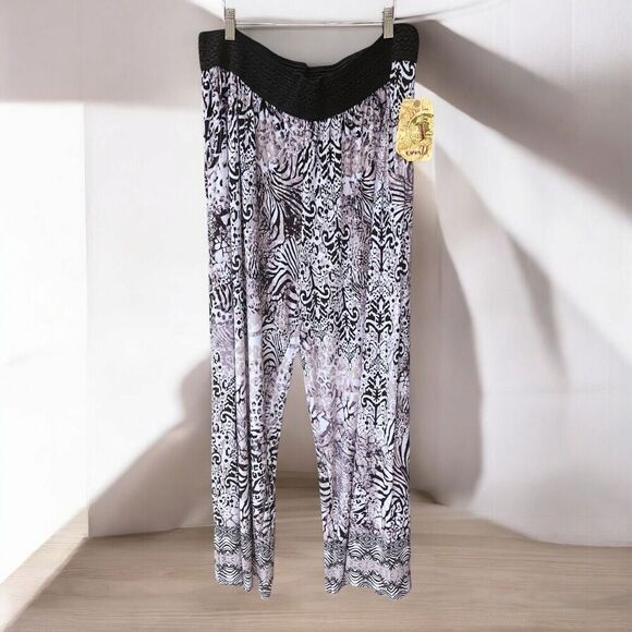 One World Live And Let Live Pants 3XL Black White Animal Print Wide Leg Pull On - Picture 1 of 8